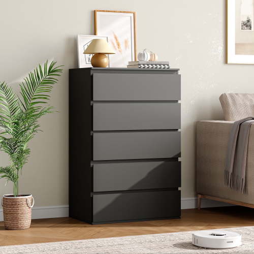 LAFGUR 5 Drawer Dresser for Bedroom, Modern Chest of Drawers, Wood Living Room Storage Cabinet,Black
