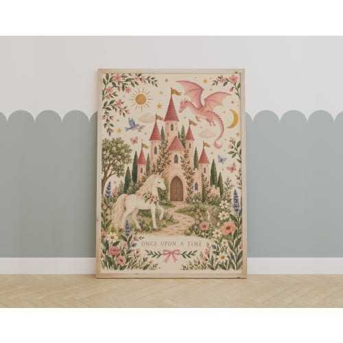 Fairy Tale Castle Wall Art, Pink Dragon Unicorn Print, Nursery Decor, Whimsical Pastel Poster, Girls Room Artwork