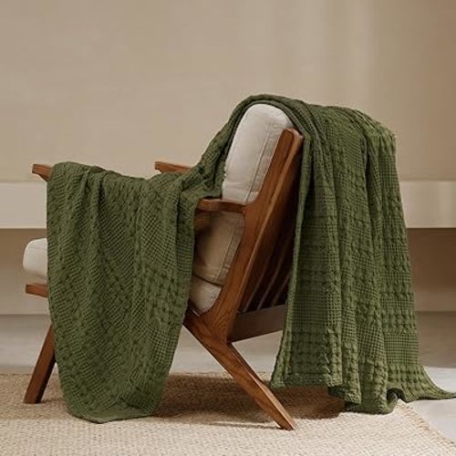 PHF 100% Cotton Waffle Weave Throw Blanket, Soft Lightweight Breathable Cozy Throws for Couch Bed Sofa, Luxury Aesthetic Blanket Gift for Home Decor & Office, 50"x60", Capulet Olive