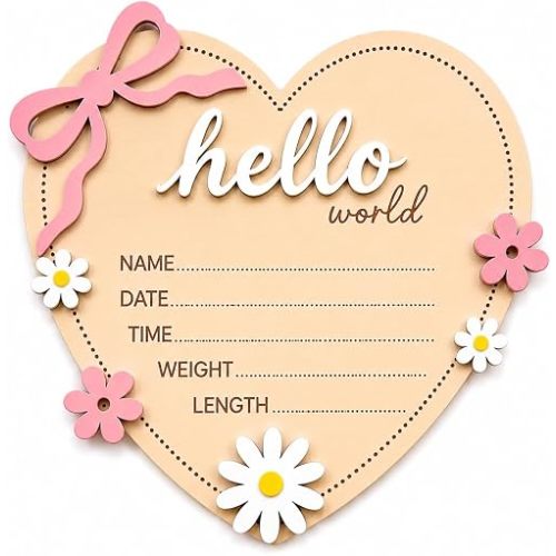 Hello World Wooden Baby Birth Announcement Sign with Pink Bow, Heart Shape Floral Newborn