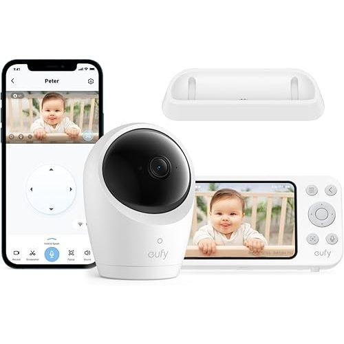 eufy Security Baby Monitor E20 with 2K HD Camera & Charging Base, 5'' 720p Display, Hybrid Wi-Fi & No Wi-Fi Connection, Pan-Tilt, 4X Zoom, Portable Camera with Built-in Battery