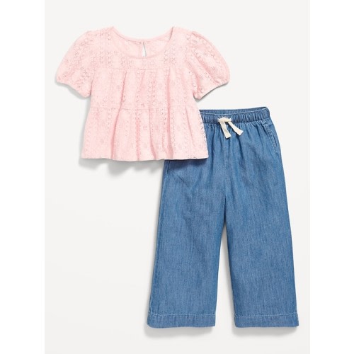 Short-Sleeve Lace Top and Chambray Pants Set for Toddler Girls
