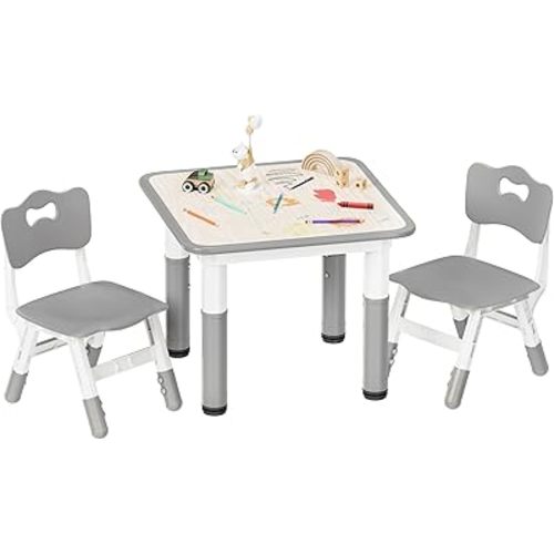 Kids Table and Chairs Set - 23.6" L x 23.6" W Height Adjustable Toddler Desk, Non-Slip Kids Table with Graffiti Desktop for Ages 2-8, for Home Preschool Classroom Daycare, Grey