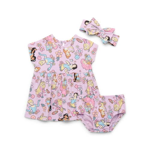 Disney Princess Baby Girl Allover Print Dress and Diaper Cover with Matching Bow Headband, Sizes 0/3M-24M