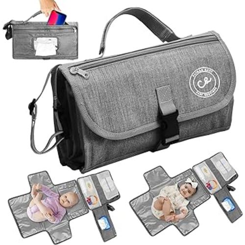 Portable Diaper Changing Pad - Travel Diaper Changing Pad for New Born Boys & Girls - Waterproof Diaper Changing Mat Kit - Baby Diaper Changing Pad with Smart Wipes Pocket. (Gray)