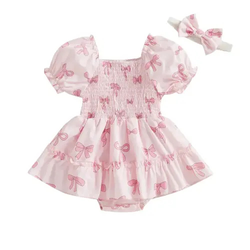 Baby Girl Romper Dress Bow Print Puff Short Sleeve Jumpsuit with - TikTok Shop
