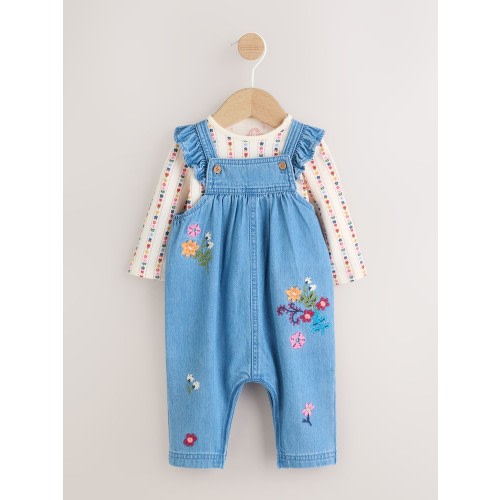 Embroidered Denim Dungarees and Long Sleeve Bodysuit Set 2 Piece