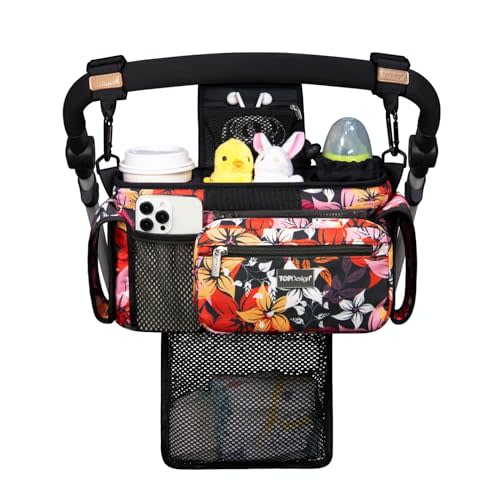 TOPDesign Universal Baby Stroller Organizer, Stroller Caddy with Detachable Mesh Bag & Heightened Insulated Cup Holders & Non-Slip Secure Hooks Accessories, Fits Most Strollers (Five Petal Flower)