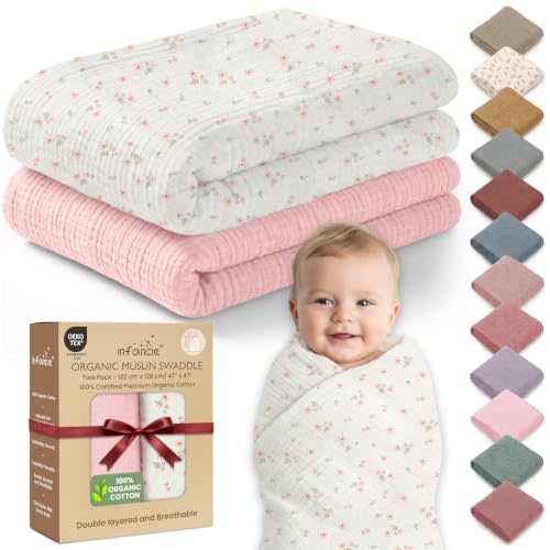 100% Organic Cotton 2 PK Muslin Blanket Baby Boy Gift 47x47 Inch | Oeko-TEX Certified, Swaddling Blanket, Muslin Baby Blankets, Muslin Swaddle Blanket, Blush & Ivory Floral, For Baby Boys,
