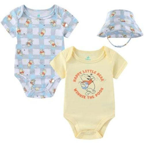 Disney Winnie the Pooh Baby Boys 2 Pack Bodysuit with Bucket Hat for Newborn and Infant