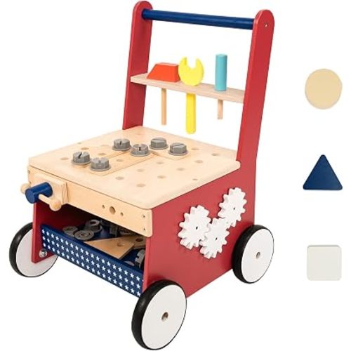2-in-1 Wooden Baby Push Walker – Toddler Learning Activity Walker with Tool Toy Set, Montessori-Inspired Educational Toy for 1-3 Year Old Girls Boys, Sturdy Construction & Non-Toxic (Red)