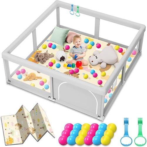 Baby Playpen with Mat, 50 x 50 inch, PlayPen for Babies and Toddlers, Sturdy Safety Play Pen with Soft Breathable Mesh (Ball and Pull Rings Included)