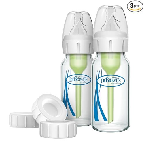 Dr. Brown's Natural Flow Anti-Colic Options+ Narrow Glass Baby Bottle 4 oz/120 mL & Travel and Storage Baby Bottle Caps for Natural Flow and Options+ Baby Bottles - 3-Pack
