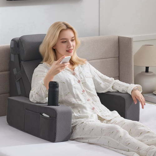 Reading Pillow for Sitting in Bed Adult, Back Pillow for Bed Sitting up with Arms, Pockets and Cup Holder, Sit Up Backrest Pillows for Beds Chair Support, Rest Pillow for Gaming