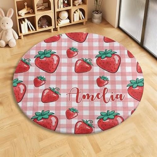 Personalized Baby Name Round Rug, Custom Strawberry Area Rugs for Kids Girls, Playroom Carpet Non-Slip Baby Crawling Floor Mat for Nursery Bedroom Living Room Decor