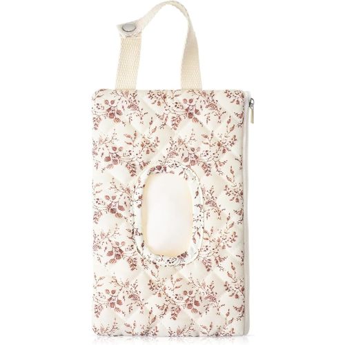 1 Pcs Quilted Diaper and Wipes Pouch Portable Hanging Floral Wet Wipe Bag Diaper Bag Reusable Wipes Pouch for for Stroller Car Travel Infant Diapering Organizer (Beige Floral)