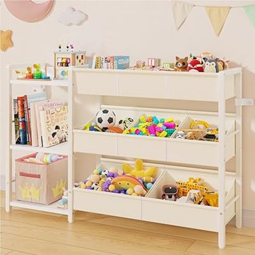 B7 Toy Storage Organizer with 3-Tier Wooden Shelves, Toy Chest Storage with 8 Bins, Toy Shelf Organizer, Kids Bookshelf and Toy Storage for Kids Room, Bedroom, Playroom, Nursery