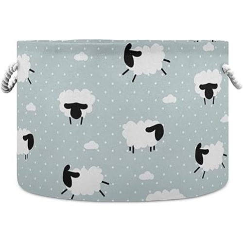 visesunny Cute White Sheep Animal Dot Grey Collapsible Large Capacity Basket Storage Bin with Durable Cotton Handles, Home Organizer Solution for Office, Bedroom, Closet, Toys, Laundry