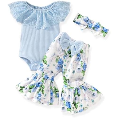 HINTINA Newborn Baby Girl Short Sleeve Bodysuit Flared Pants Ribbed Outfits