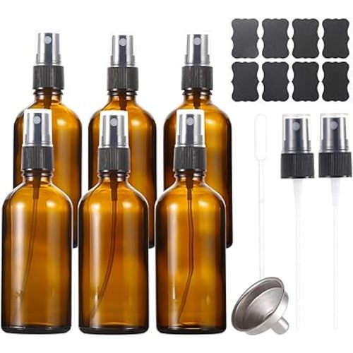 3.4 oz Amber Glass Spray Bottles,Empty Fine Mist Refillable Travel Spray Bottle for Cleaning,Perfume,Aromatherapy,Cosmetic Sprays,Hair,Essential Oils with Fine Mist Dispenser(6 Pack)