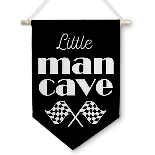 BlissfulAbon Little Man Cave Boy Nursery Wall Canvas Banner, Cars Room Decor for Boys, Checkerboard Car Racing Wall Hanging Decor Pennant Flags for Boys Bedroom Room Playroom, 11×15 Inch