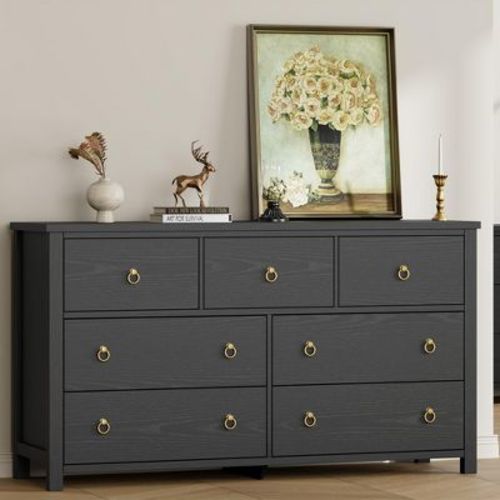Garvee 7 Drawer Dresser for Bedroom, 54" Wide Black Chest of Drawers with Gold Handles, Modern Wood Storage for Living Room, Hallway, Nursery