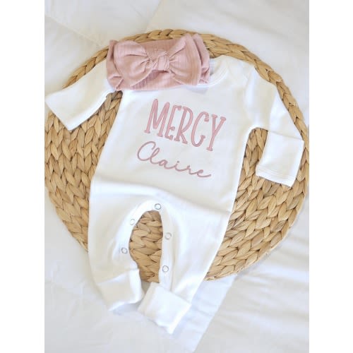 Baby Set Pink Bow with Romper Embroidery Baby Girl Sleeper for Newborn Coming Home Personalized Outfit Custom Gift for Girl Baby White