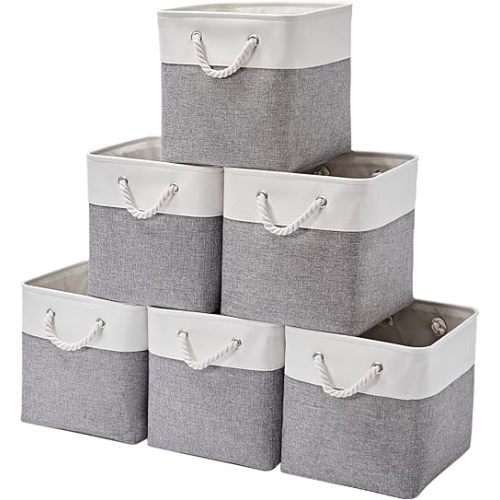 12 x 12 Inch Cube Storage Bins, 6 Pack Large Collapsible Fabric Storage Bin with Ropes, Foldable Storage Cubes for Home, Office,Closet, Clothes, Toys Organizer (White & Grey)