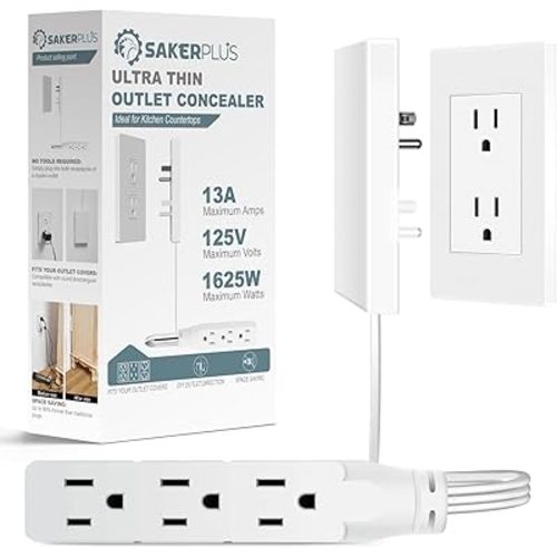Outlet Concealer Power Strip | 5ft Flat Extension Cord | Ultra-Thin Outlet Cover Extension Cord with 3AC Outlets-,Universal Size,1625W for Kitchen, Home Improvement, Child & Pet Safe