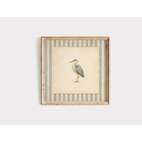 Vintage Heron Wall Art, Soft Blue Striped Coastal Bird Print, Nautical Wall Decor