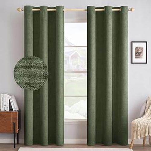 MIULEE 100% Blackout Linen Textured Curtains for Bedroom Solid Thermal Insulated Olive Green Grommet Room Darkening Curtains & Drapes Luxury Decor for Living Room Nursery 42 x 84 Inch (2 Panels)