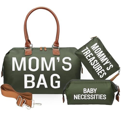 printe Mommy Diaper Bag Tote with 2 Organizer Pouches, Spacious 17.7in Mom’s Bag for Hospital and Weekender Travel, Olive Green