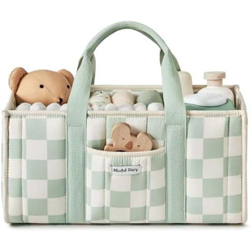 Checkered Diaper Caddy Organizer, Stylish Nursery Storage Basket, Gift for Baby Shower, Newborn Essentials, Registry Search Must Haves, Sage Green