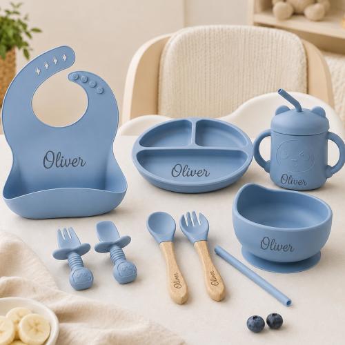 Personalized Baby Feeding Set, Laser Engraved Silicone Bib Bowl Plate Cup Set, Baby Led Weaning Gift, Baby Shower Gift, First Birthday Gift