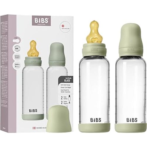 BIBS Baby Glass Bottle 2-Pack 240 ml. Anti-Colic. Vented Round Natural Rubber Latex Nipple. Supports Natural Breastfeeding, Complete Set - 240 ml (Pack of 2), Sage