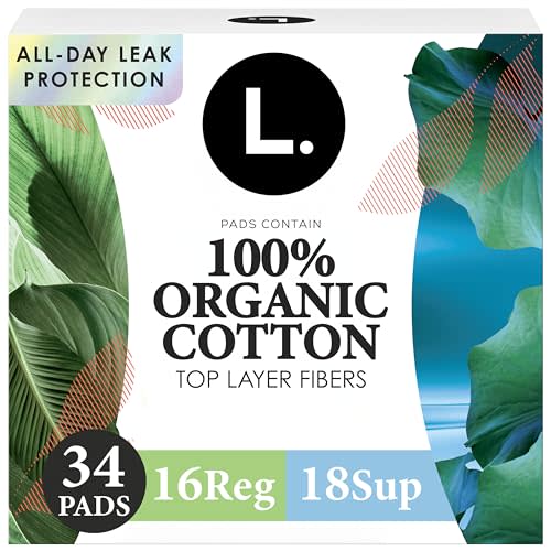 L. Ultra Thin Pads for Women, Organic Cotton Top Layer, Regular + Super Duo Pack Absorbency, Menstrual Pads with Wings, Made Without Synthetic Pesticides and Fragrances, 34 Count