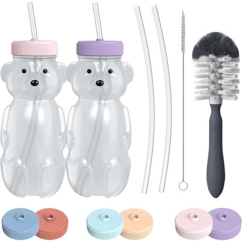 The 730 Project Honey Bear Straw Cup, 2 - pack of 8 oz with Leak-Proof Lid, Bottle Brush & 4 Straws in Pink and Purple