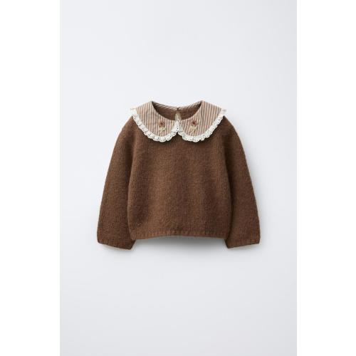 STRIPED COLLAR AND FLOWERS KNIT SWEATER - Chocolate | ZARA United States
