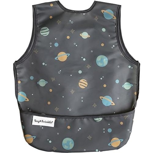 Tiny Twinkle Mess Proof Baby Bib - Waterproof Baby Apron - Machine Washable - PVC, BPA, & Phthalate Free - Great Travel Bib for Baby Eating - Baby Food Bibs (Space, Small 6-24 Months)