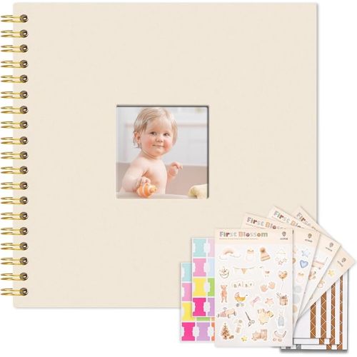 Vienrose Kids Scrapbook Album 10.4"X10.0" with Window Silk Fabric Cover Acid-Free Pages Personalised DIY Photos Scrapbooking for Baby Memory Book, First Year Keepsake Journal Gift Boy Girl, Beige