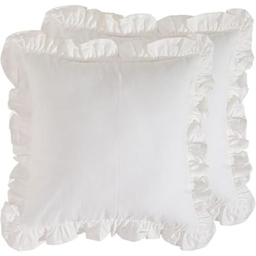 patdrea White Shabby Chic Decorative Throw Pillow Covers 18"x18" Set of 2,Farmhouse Linen Pillow Covers with Ruffles,Square Sturdy Throw Pillow Case for Couch Sofa Bed Living Room