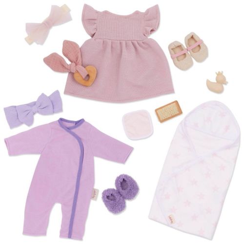 LullaBaby Baby Doll Clothing Set Pink Dress Pajama and Pink Star Bath Towel