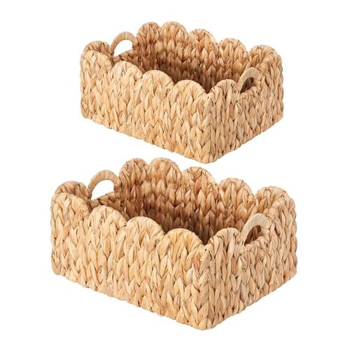 Scalloped Basket Wicker & Rattan Storage Basket with Built-in Handles, Large Woven Water Hyacinth for Nursery & Bathroom Organization 2 Pack