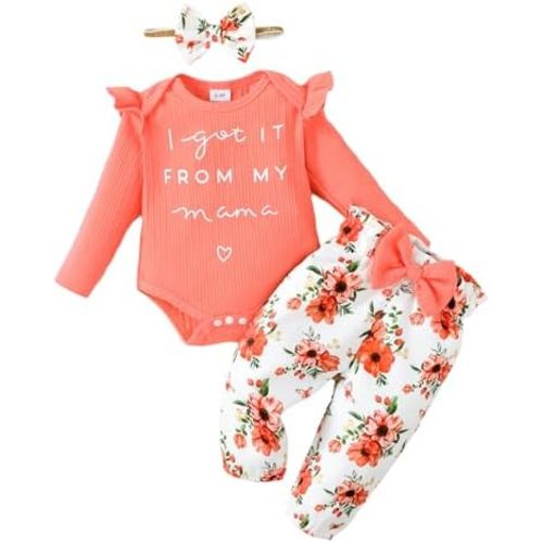 OLLUISNEO Baby Girl Clothes Newborn Infant Fall Outfit Romper Winter Floral Pant Set Headband 3 Pcs Clothes for Girl