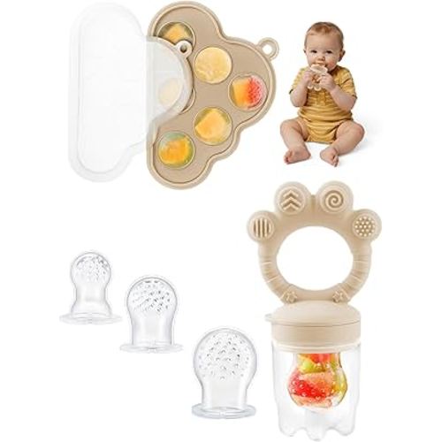 Baby Popsicle Molds & Food Feeder Set, Baby Fruit Feeder for Infant Teething Relief & Safe Infant Self Feeding 4 Months+ Starting Solids for Essentials (Beige)
