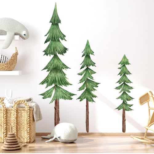 Large Pine Tree Wall Decals Peel and Stick Watercolor Extra Large Tree Wall Decal Forest Nature Green Tree Wall Stickers Giant Pine Tree Wall Decals for Nursery Kids Room Decor