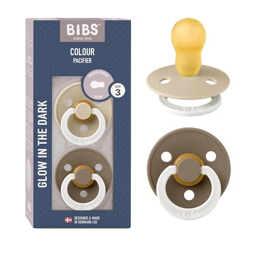 BIBS Pacifiers Colour Collection | Natural Rubber Baby Pacifier | Set of 2 BPA-Free Soothers | Made in Denmark | 18+ Months (Pack of 2) | Vanilla Glow/Dark Oak Glow