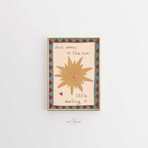 Here Comes the Sun Nursery Print, Vintage Kids Wall Art, Neutral Baby Room Decor, Retro Sunshine Illustration, Positive Quote Nursery Poster