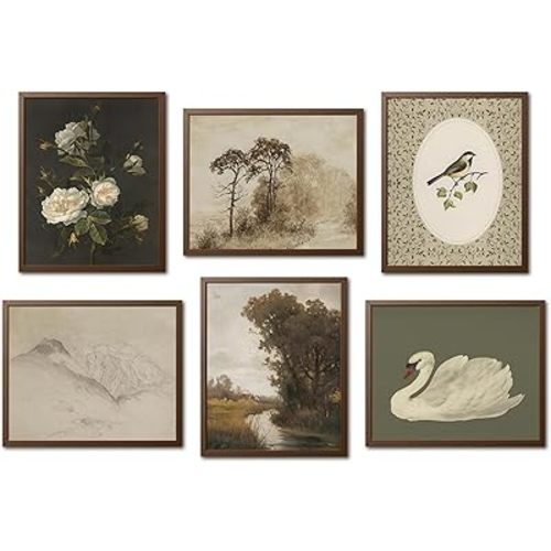 Mynotix Vintage Flower Landscape Poster Set of 6, Farmhouse Cottagecore Wall Art, Rustic Horse Wall Decor Botanical Mountain Paintings Canvas Prints for Living Room Bedroom 16x24 inch Unframed