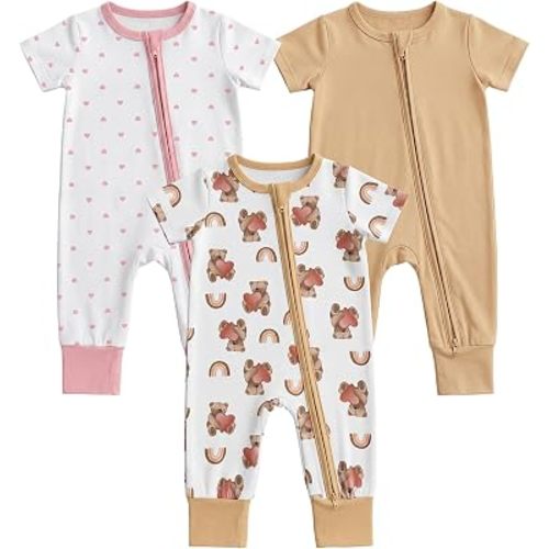 Aablexema Baby Short Sleeve Footless Romper 3-Pack Rayon of Bamboo 2 Way Zipper One Piece Pajamas Jumpsuits for Boys Girls